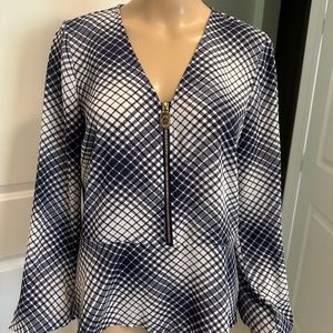 Michael Kors Long Sleeve Zipper Front Peplum Hem Blouse Top Size M Blue Career